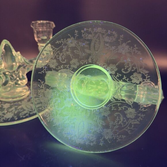 New Martinsville Prelude Double Candle Holder Clear Fostoria Manganese 365nm UV - Picture 9 of 15